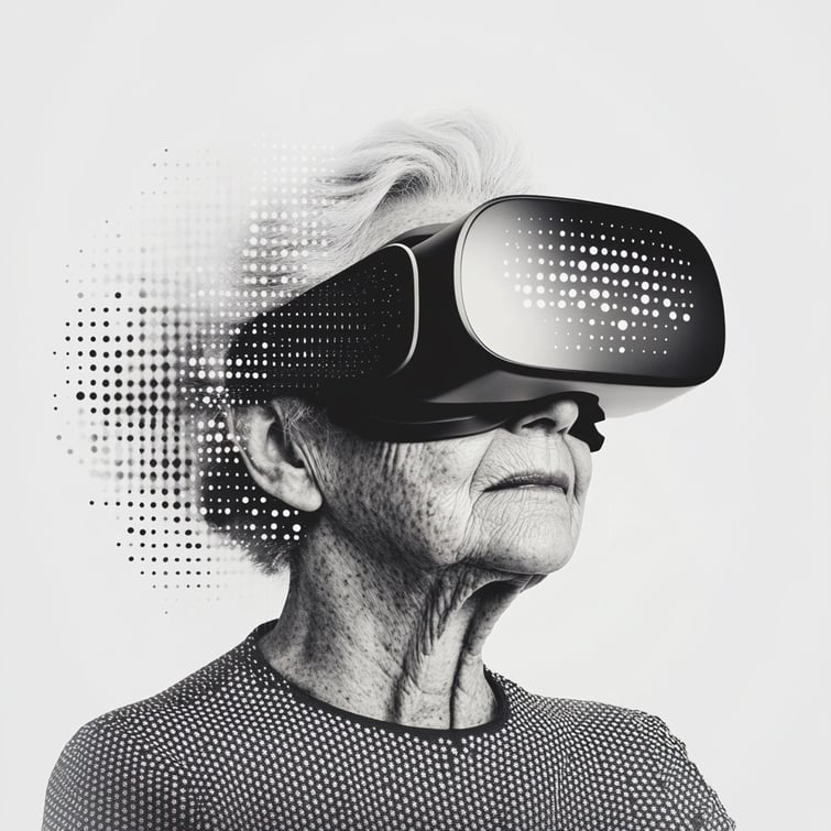 Close-up portrait of an elderly woman wearing a sleek VR headset
