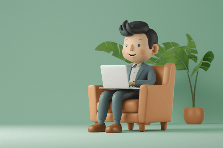 Cute 3D avatar of a smiling man with black hair in a blue suit sitting on a brown armchair working on a white laptop