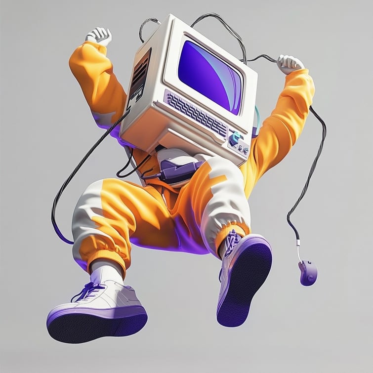 3D rendering of an animated character in the form of a retro-style computer