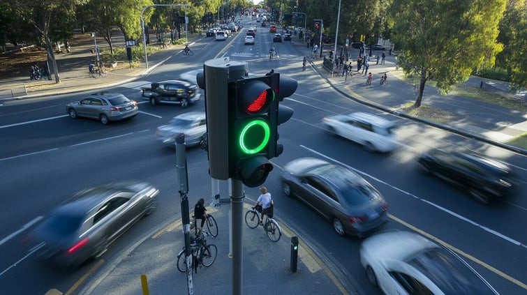 Elevated view of a busy 4-way intersection with traffic lights and speed cameras. Moving cars, bicycles and people.