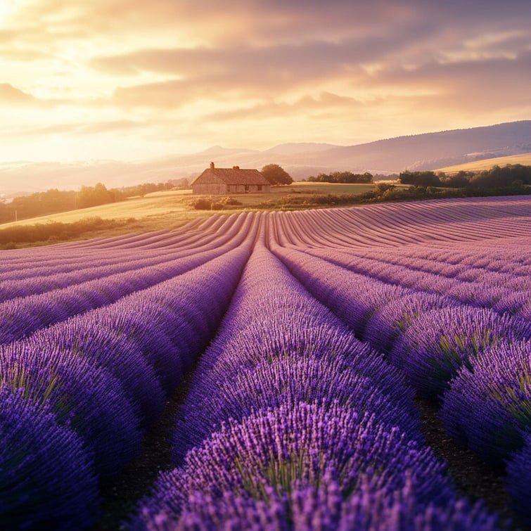 Endless rows of vibrant lavender fields stretching towards the horizon