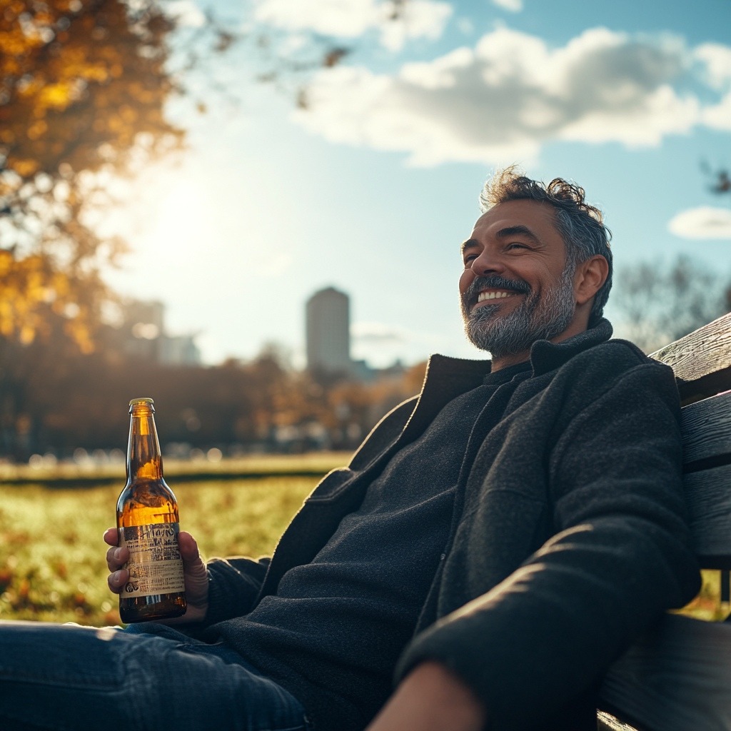 High resolution image of a man happily seating in a park bench enjoying clear beer bottle
