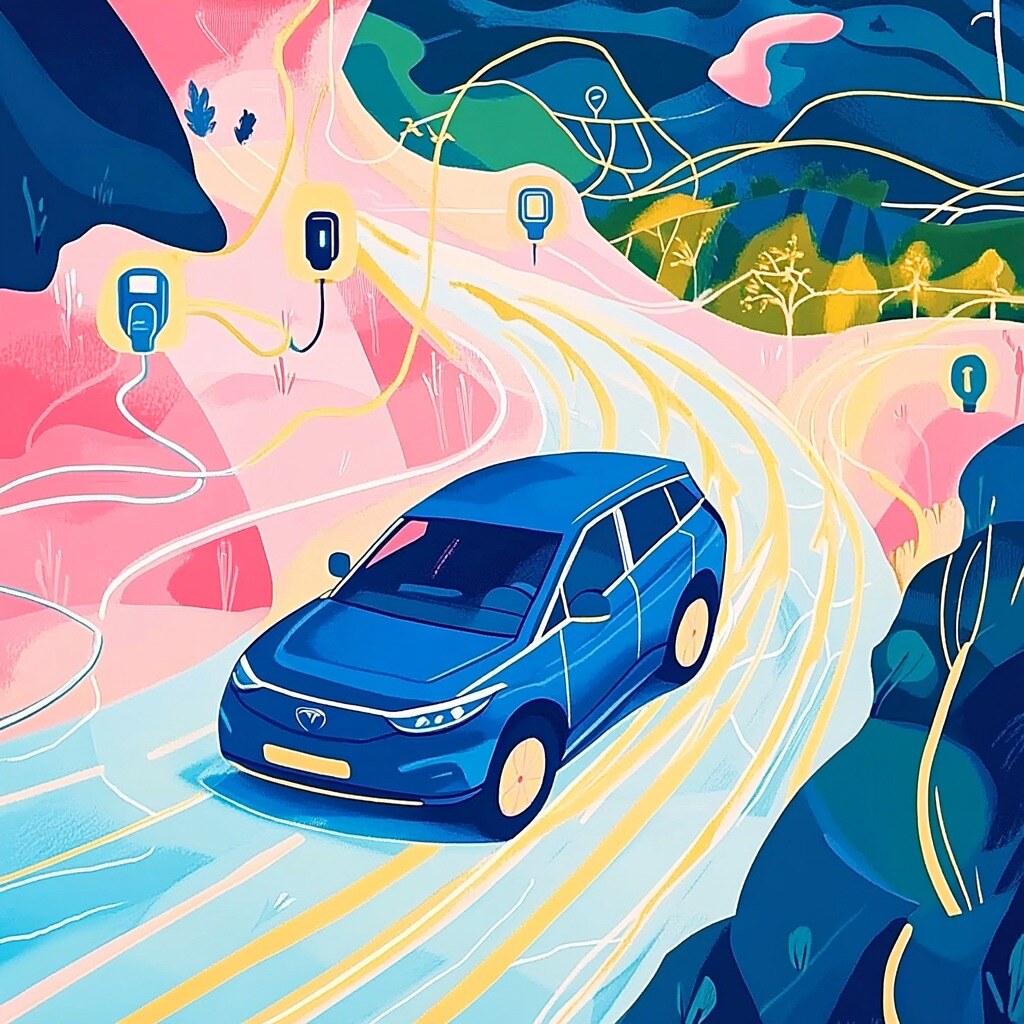 Illustration of an electric car driving on the road, surrounded by icons of e-charging stations