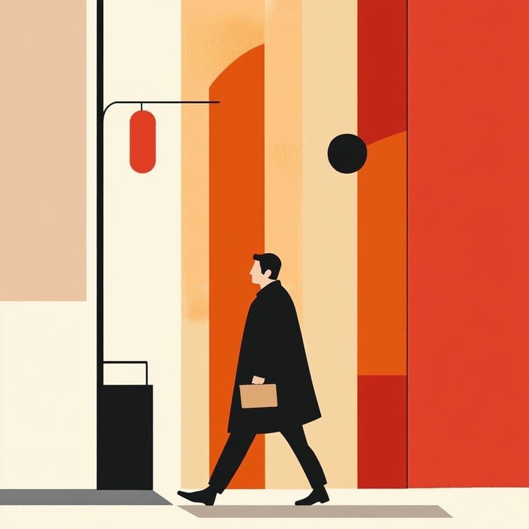Minimalist illustration with simple shapes, A man walking to his office