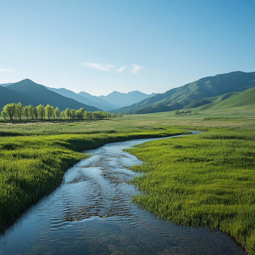 National Geographic image of a vast field with new grass, light green mountains, and willows by a flowing stream