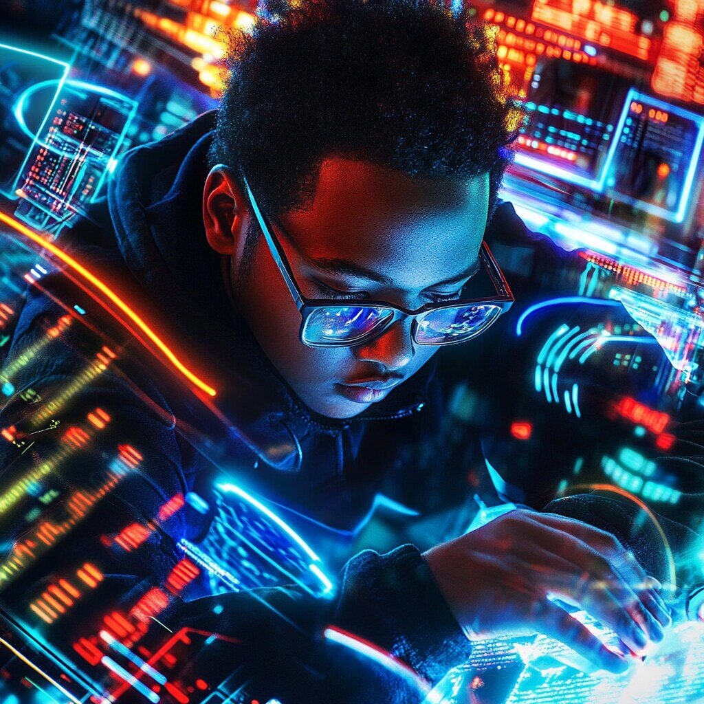 Photo manipulated image of a young man working intently on his computer, surrounded by glowing neon symbols and futuristic data visualizations.