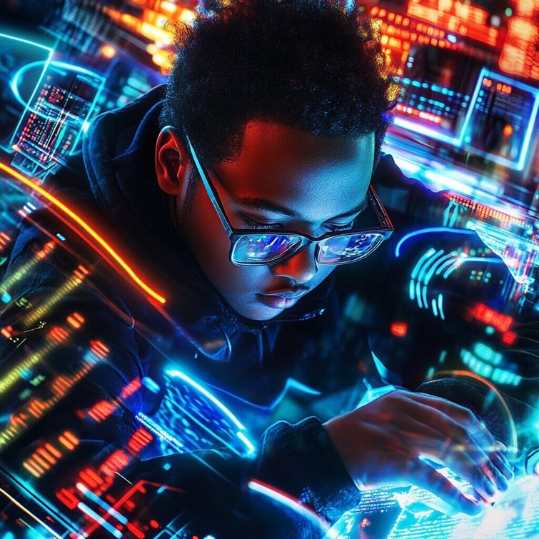 Young man working intently on his computer, surrounded by glowing neon symbols and futuristic data visualizations