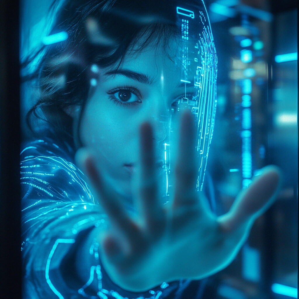 Photo manipulated image of person reaching through a digital screen