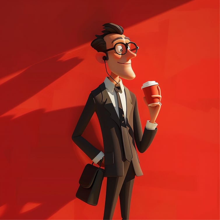 Pixar style character wearing business suit holding a coffee cup