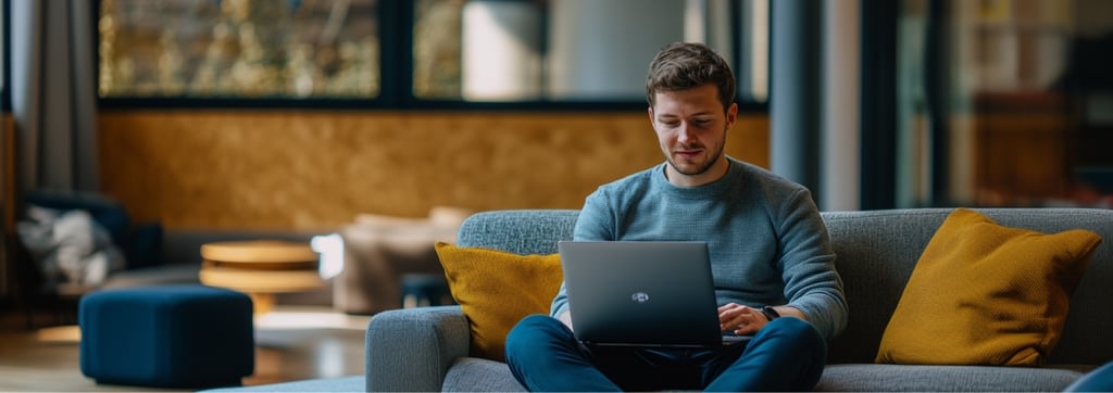 A man sitting with his laptop in the corner of an open living room