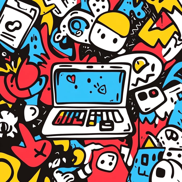 Urban doodle-style illustration of a laptop, smartphone, and social media icons