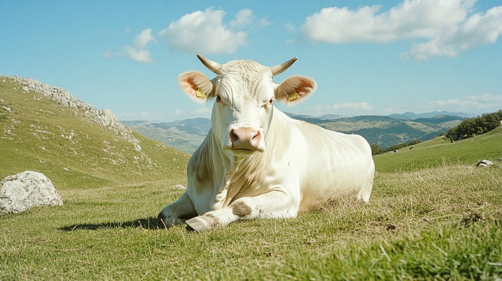 A close up vintage shot of a Chianina cow sitting on grass filled hill.