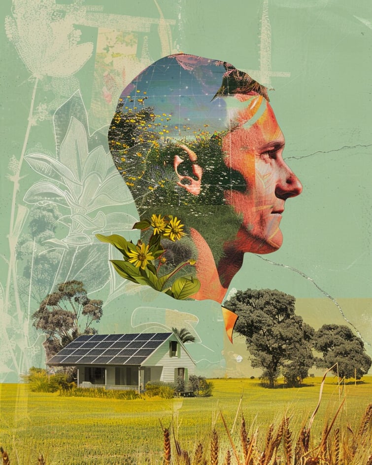 A collage of an Australian man's and a house with solar panels