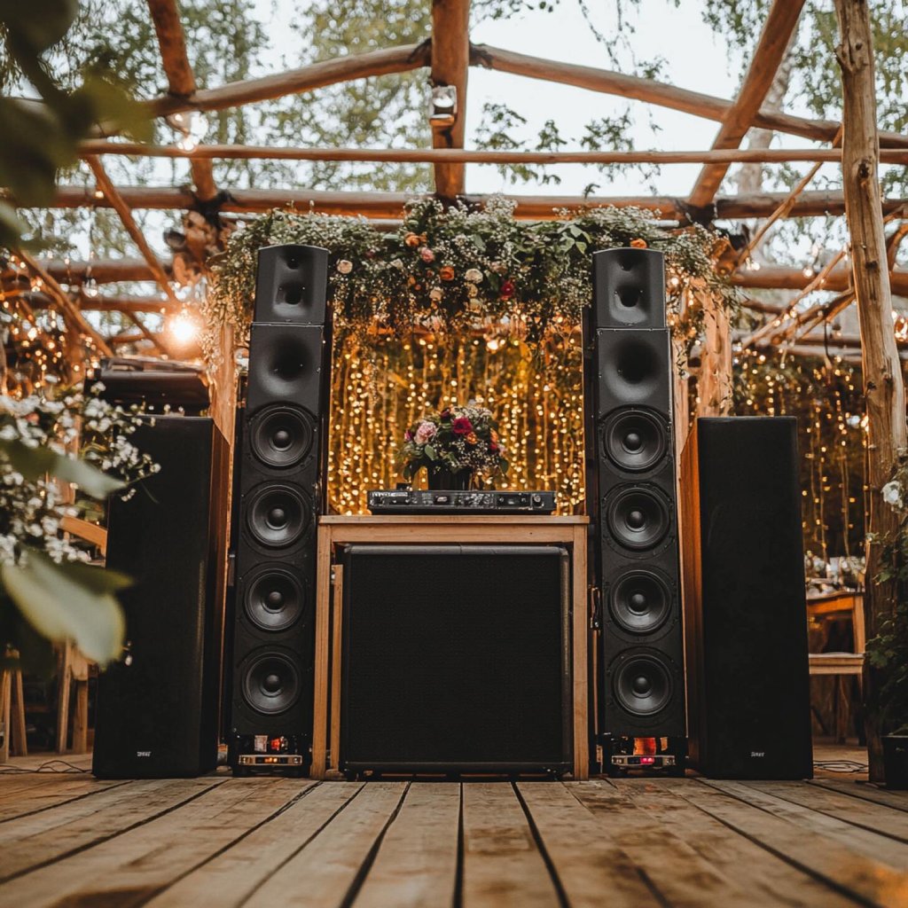A set up in the wedding with sound system and speakers