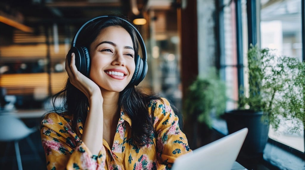 Happy woman wearing her headset