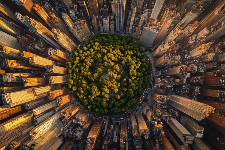 A stunning drone shot of New York city in summer, sunny day