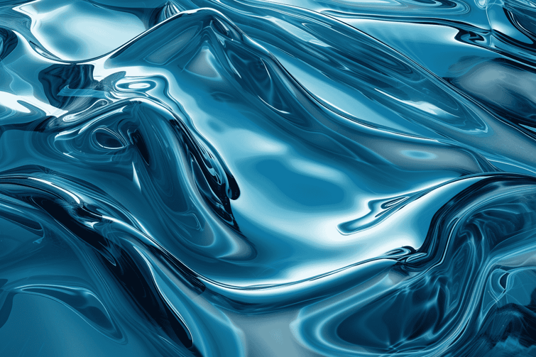 Abstract image with glossy, fluid-like forms. Palette of aqua blue and navy blue