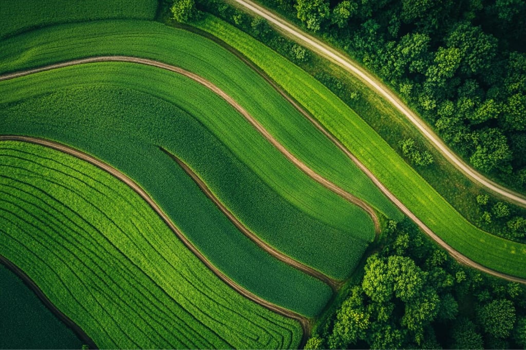 An aerial photography of a farm field full of greens