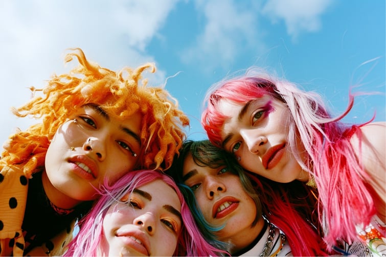 Bold and innovative editorial photography of group of four people posing for the camera