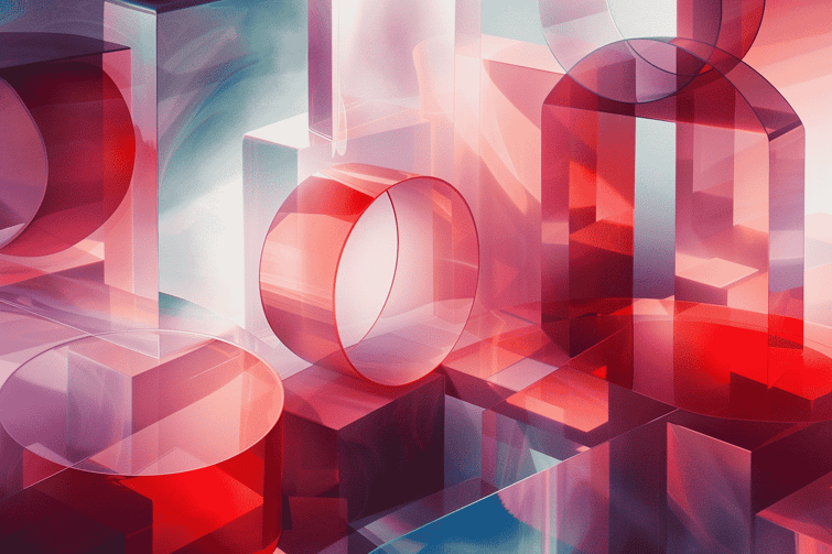 Composition with overlapping 3D geometric shapes in shades of red