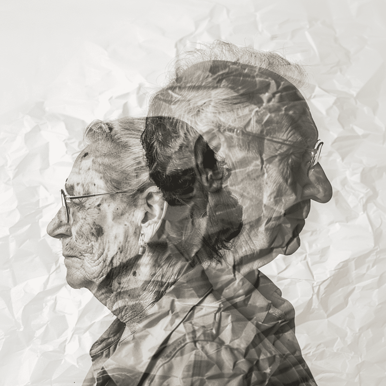 Double exposure prortaits of an old woman and old man