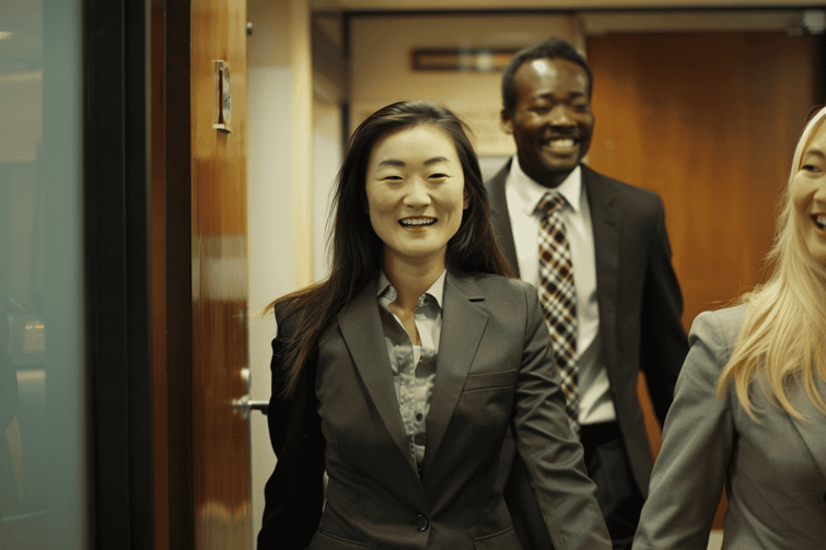 Asian employee beside her workmates happily leaving the meeting room.