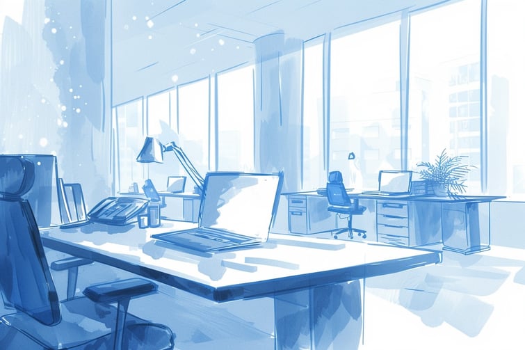 office interior, point of view from a laptop cam, blue neutral tones