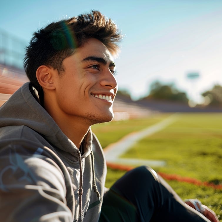 low angle of an age 20 college athlete sitting on the field