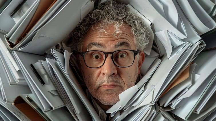 drowning in white ring binder folders