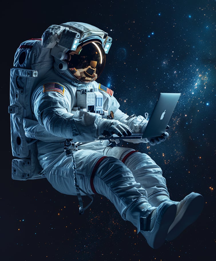 photorealistic image of an astronaut using a laptop