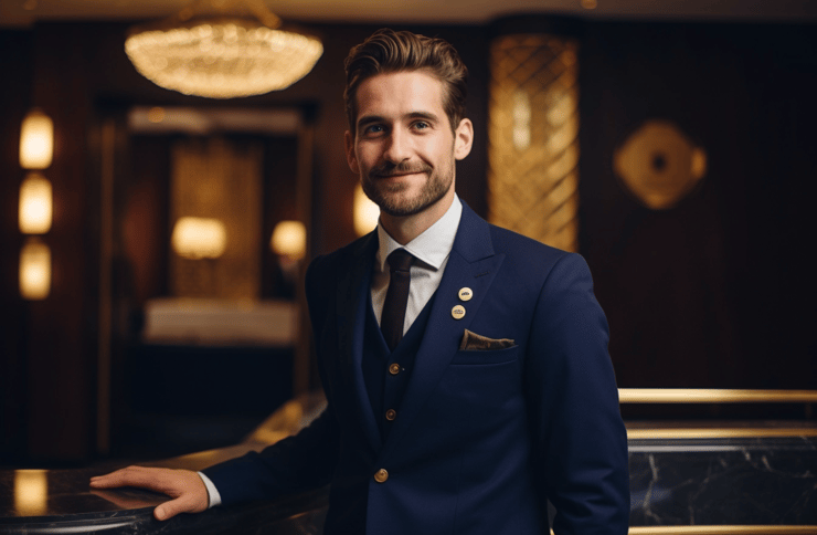 Male hotel employee standing at the reception of a hotel