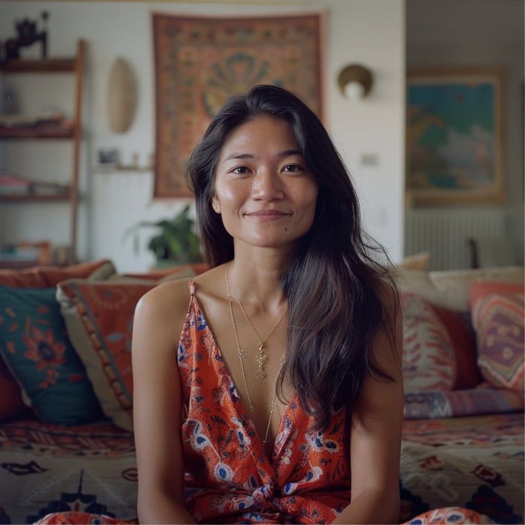 Still shot from Netflix documentary of a woman sitting in her living room with a soft smile