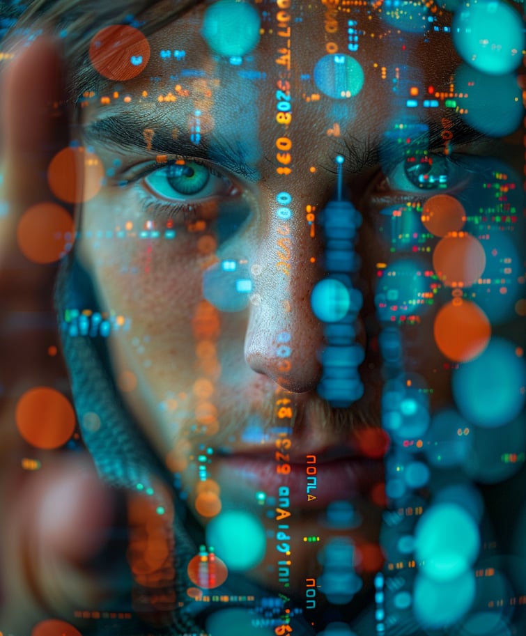wide shot of a young man point his finger in front of digital id