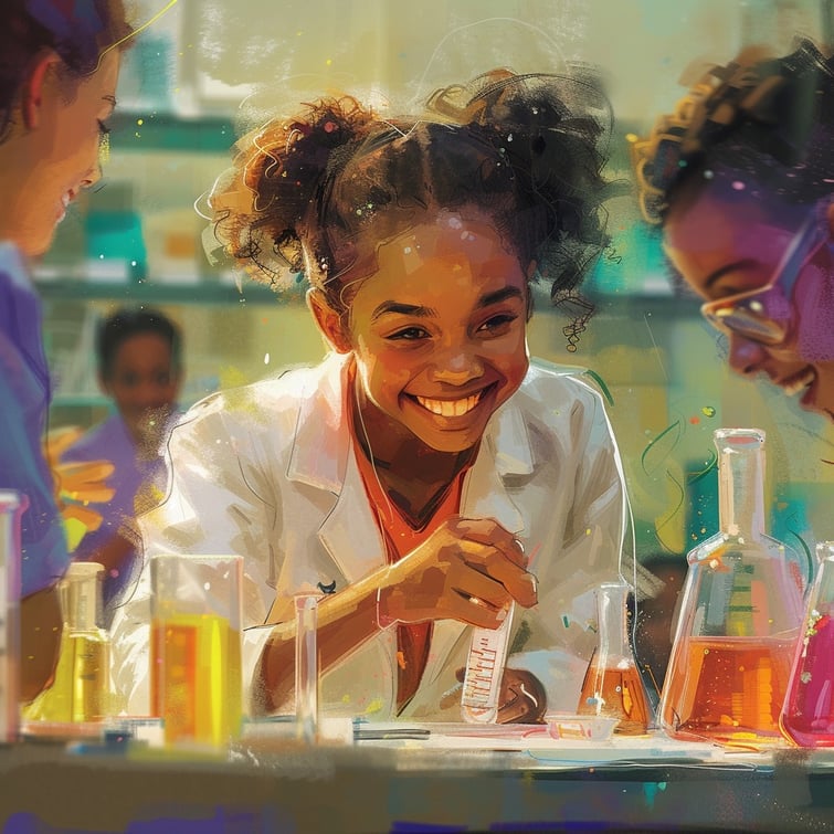 A girl is smiling while working in her science class