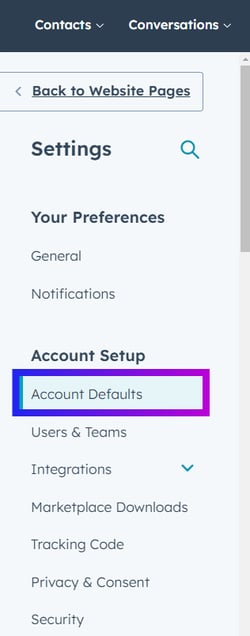 Account Defaults - Left Side Bar Menu