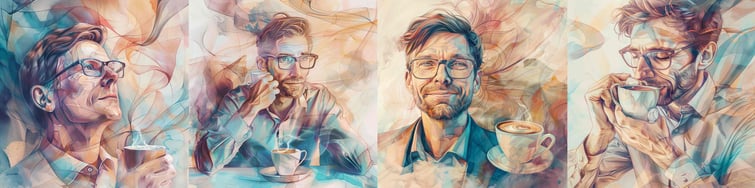 Medium shot of a 40yr old Australian business man with glasses drinking coffee --sref 1255763779