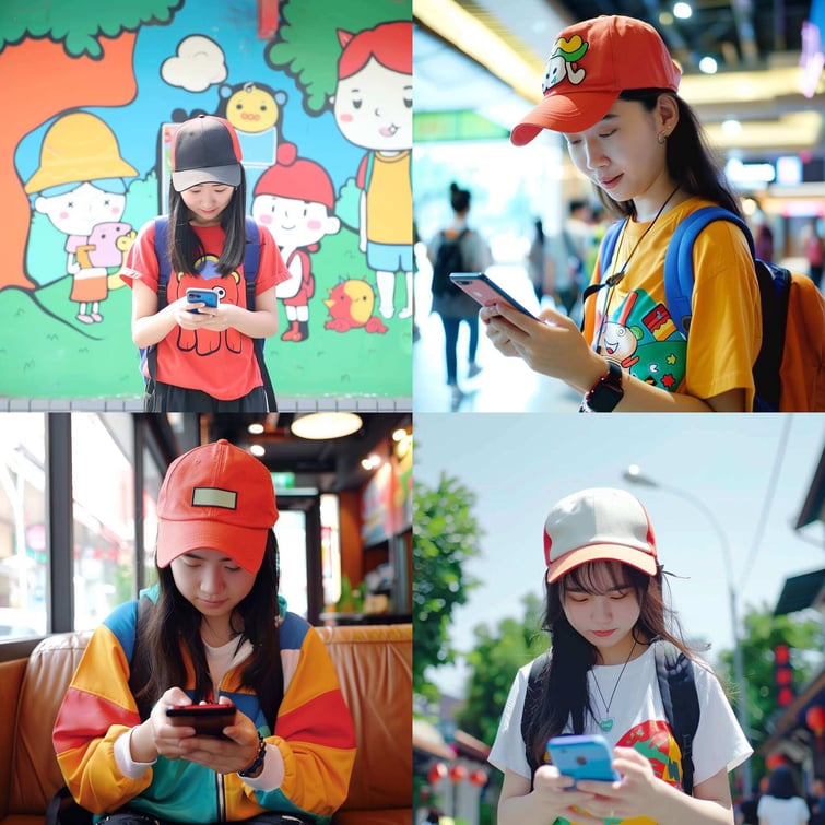 Medium shot of a 30yr old Asian woman wearing casual clothes with a cap, using her phone --sref 2634681817