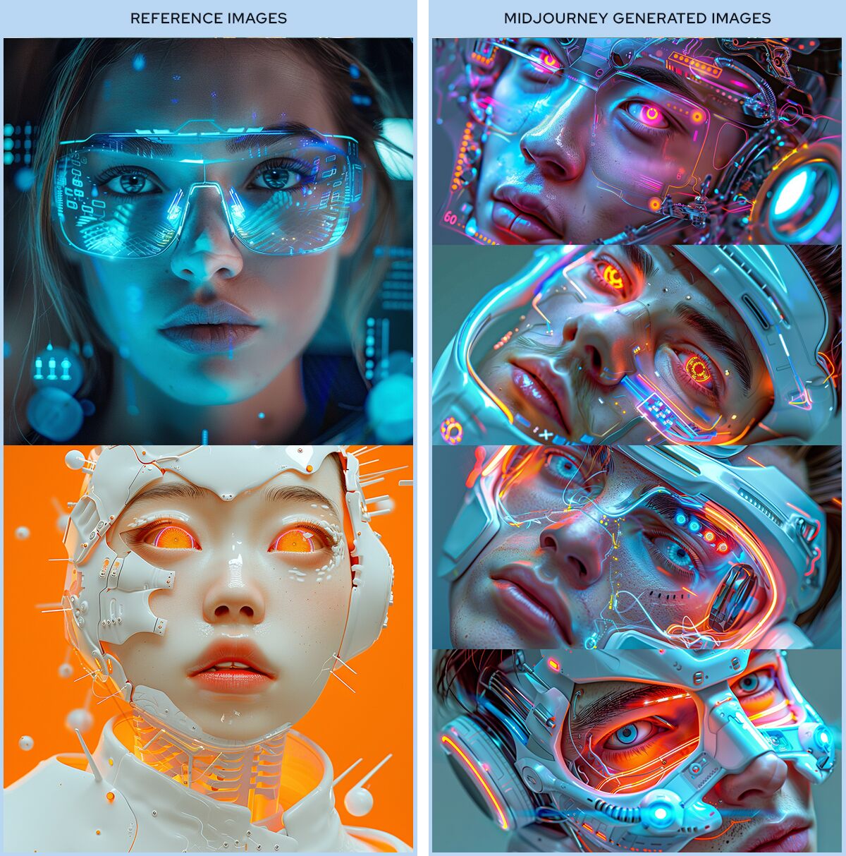 Style reference and generated image of a Man in the future, half human, half robot