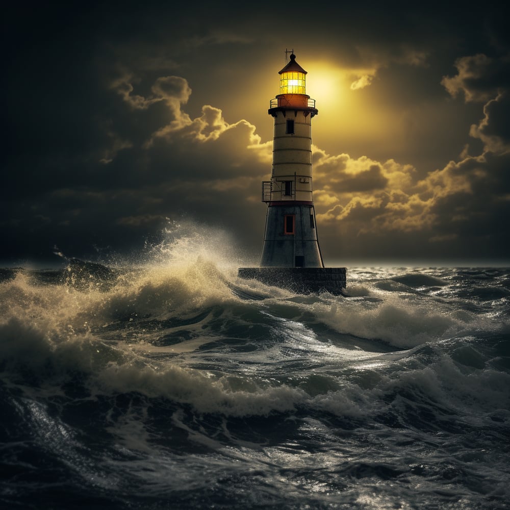 lighthouse in the middle of the sea, stormy night, moon shining bright