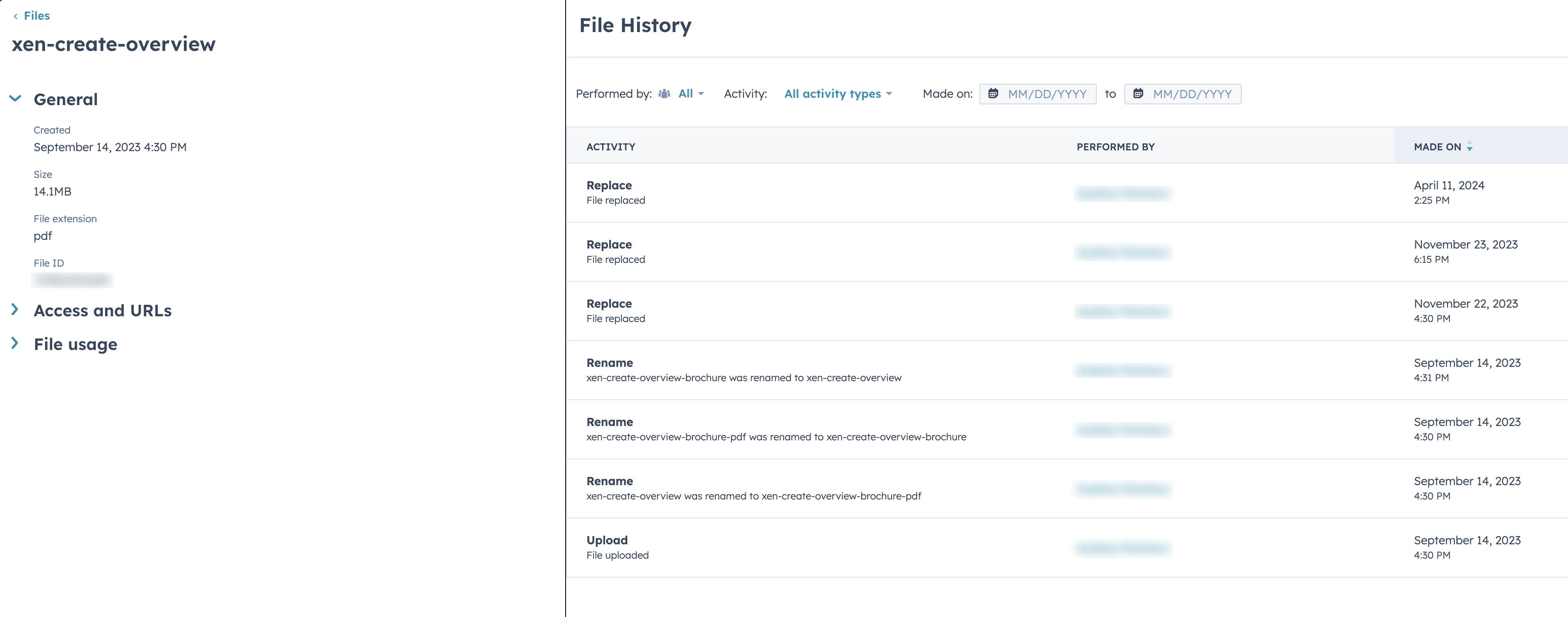 Screenshot of file history