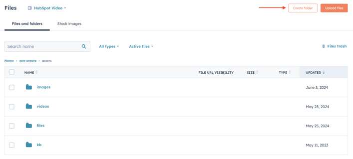Screenshot showing the Files page and highlighting the Create folder button