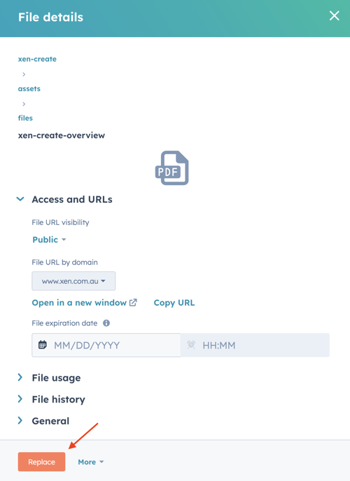 Screenshot of File details, highlighting the Replace button