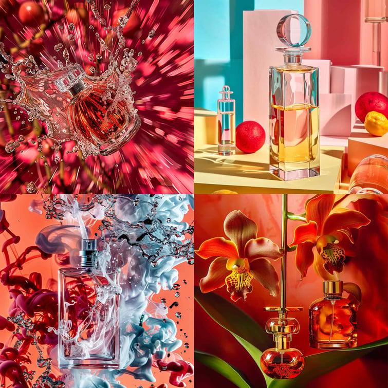 vibrant photoshoot of a perfume bottle weird 1000