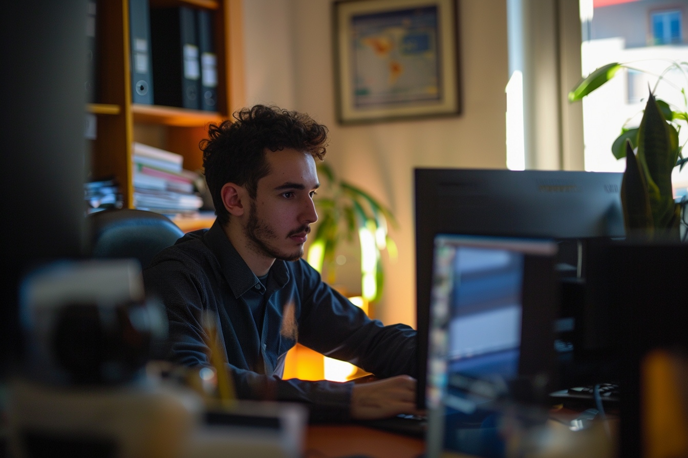 Prompt: Advertising shot of a young business man sitting behind his desk in his office --zoom 1.1