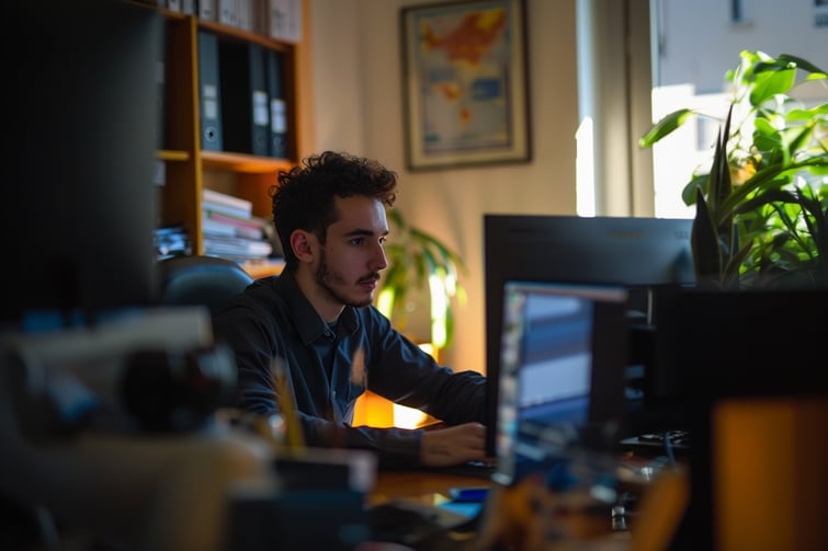 Prompt: Advertising shot of a young business man sitting behind his desk in his office --zoom 1.5