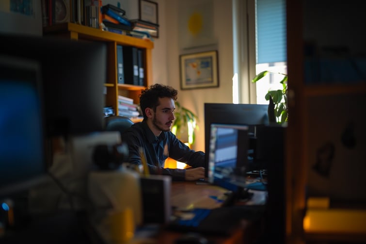 Advertising shot of a young business man sitting behind his desk in his office  --zoom 1.9