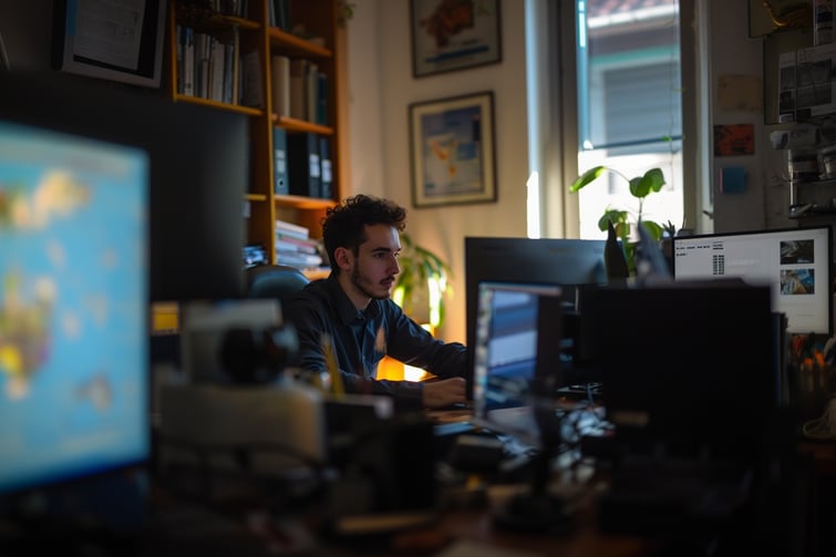 Prompt: Advertising shot of a young business man sitting behind his desk in his office --zoom 1.5