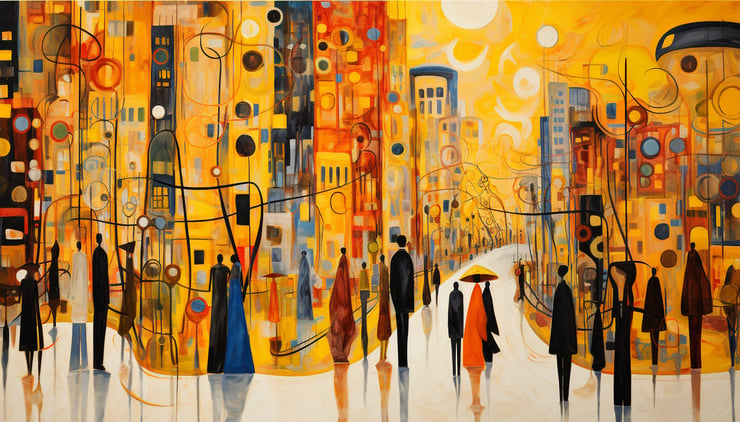 Abstract art of people walking down a busy street