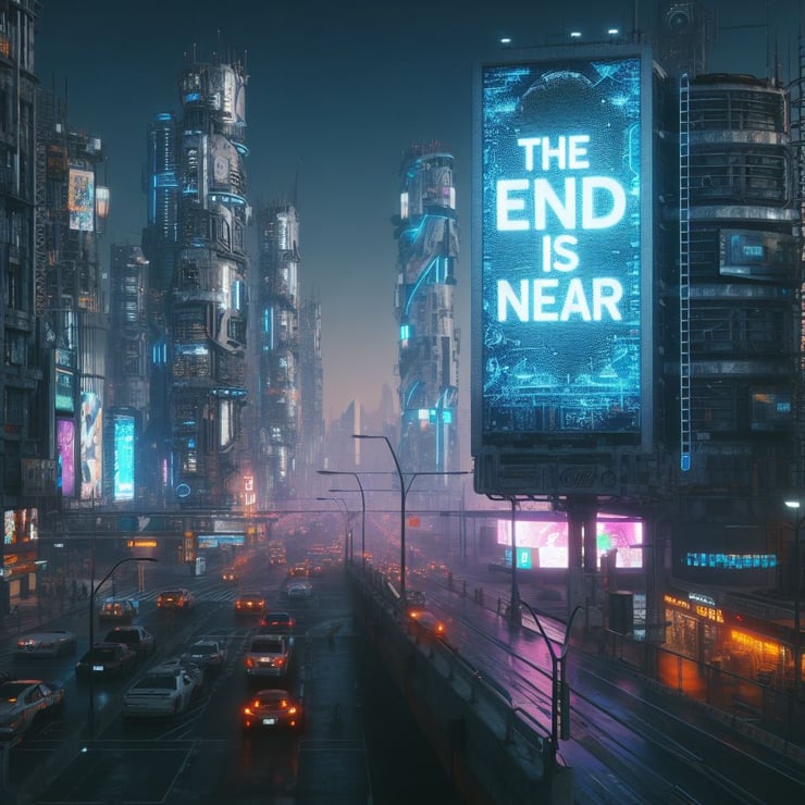 a large electronic billboard that says "THE END IS NEAR"