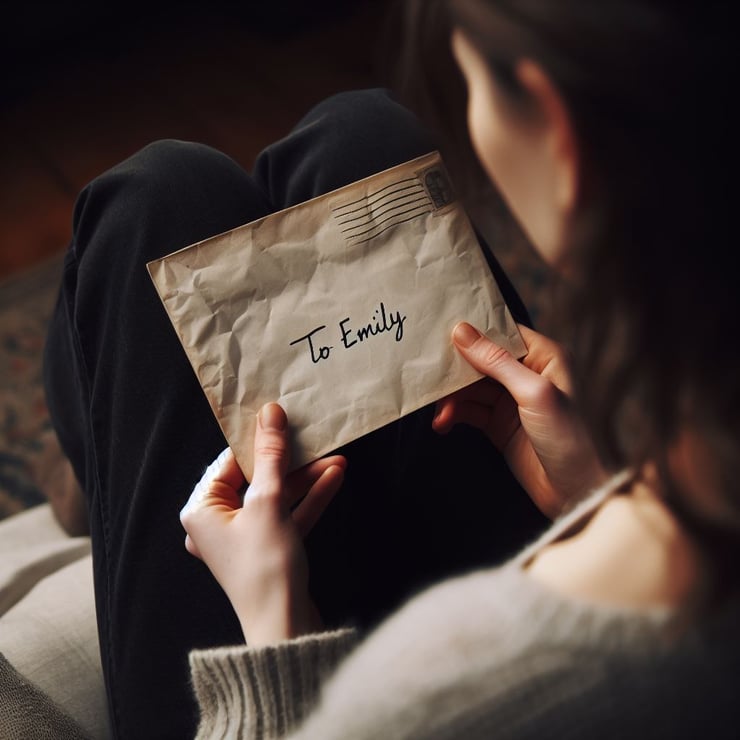  over the shoulder shot of a woman looking at the back of a wrinkled envelope that says "To Emily" in small cursive handwriting
